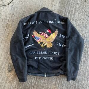 VTG 70S USS FORT SNELLING MILITARY TOUR SOUVENIR JACKET WOOL BLACK MENS MEDIUM
